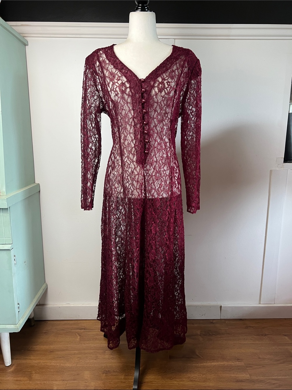 Burgundy Sheer 90s Lace Long Sleeve Maxi Dress corset laced back button front